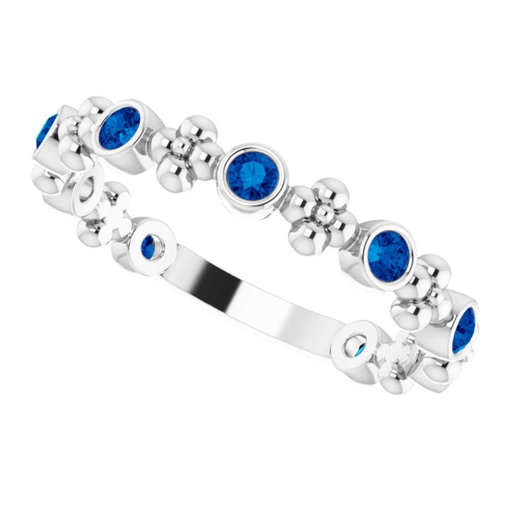 14K White Gold Lab-Grown Blue Sapphire Beaded Ring