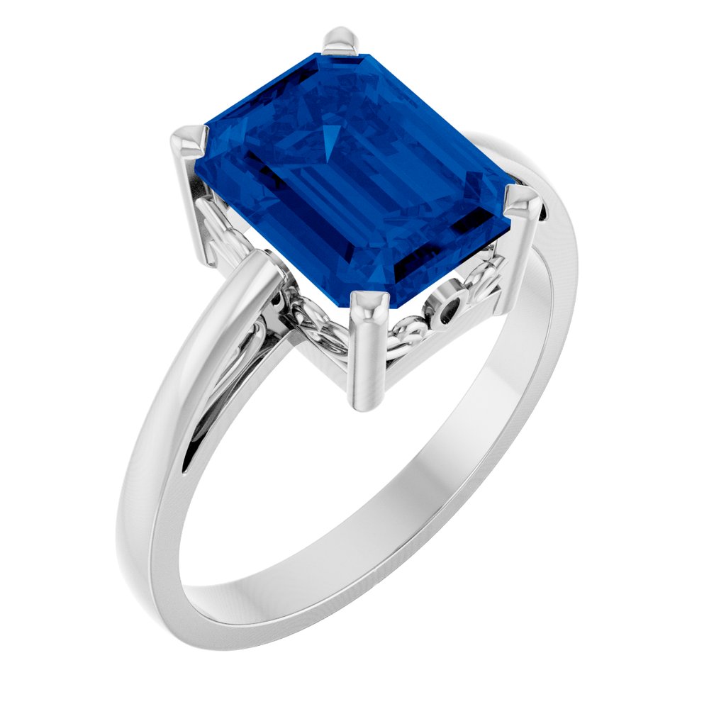 14K White Gold Lab-Grown Blue Sapphire Solitaire Scroll Setting® Ring