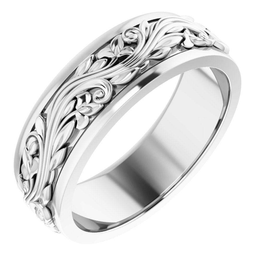 10K White Gold 7 mm Floral Inlay Flat Band Size 10.5