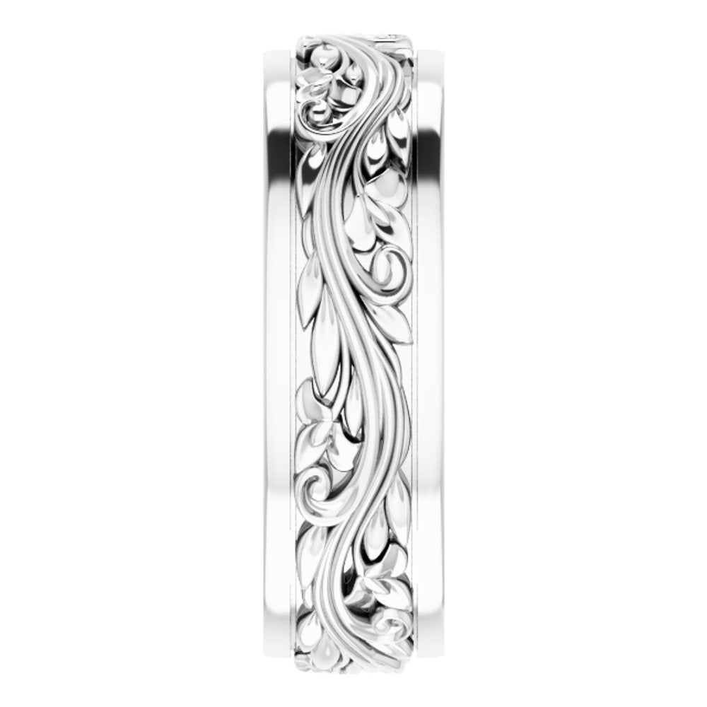 10K White Gold 7 mm Floral Inlay Flat Band Size 10.5