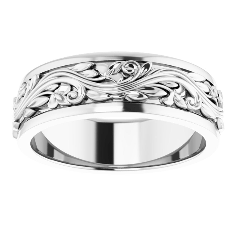 10K White Gold 7 mm Floral Inlay Flat Band Size 10.5