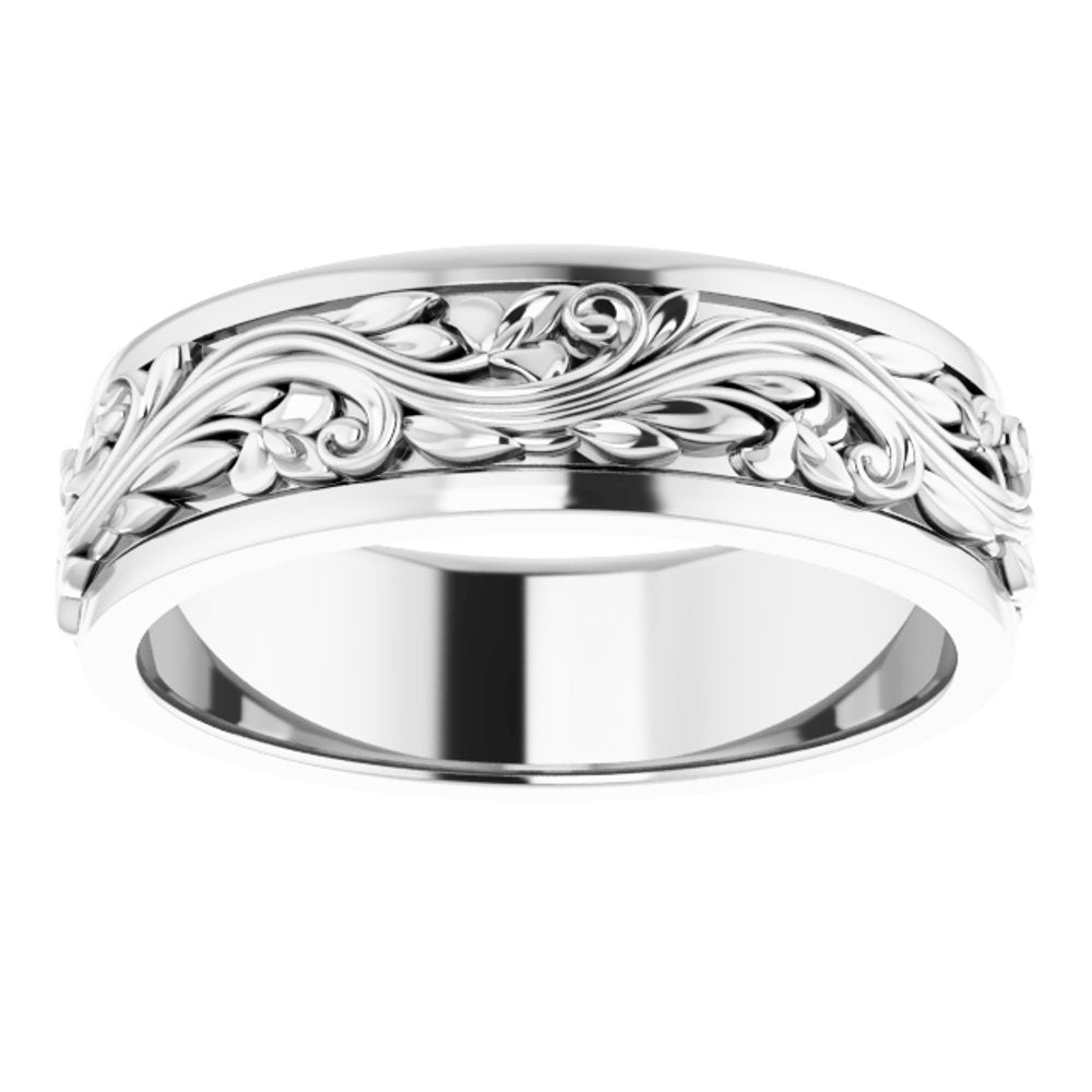 14K White Gold 7 mm Floral Inlay Flat Band Size 12