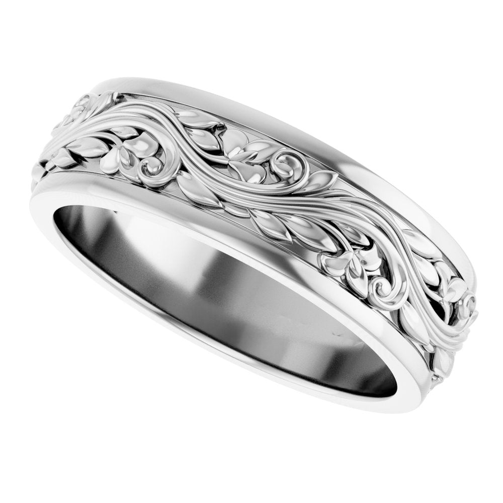 14K White Gold 7 mm Floral Inlay Flat Band Size 11