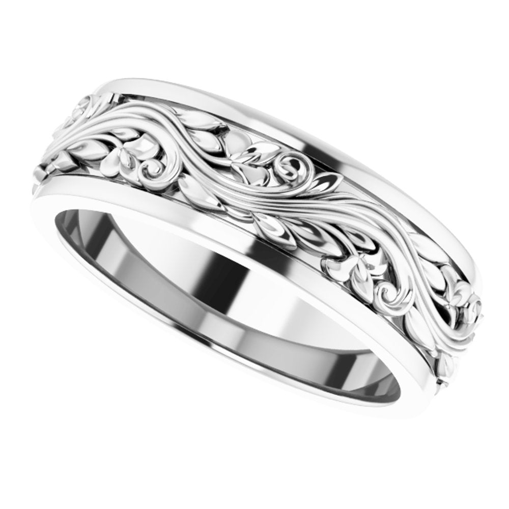 10K White Gold 7 mm Floral Inlay Flat Band Size 10.5