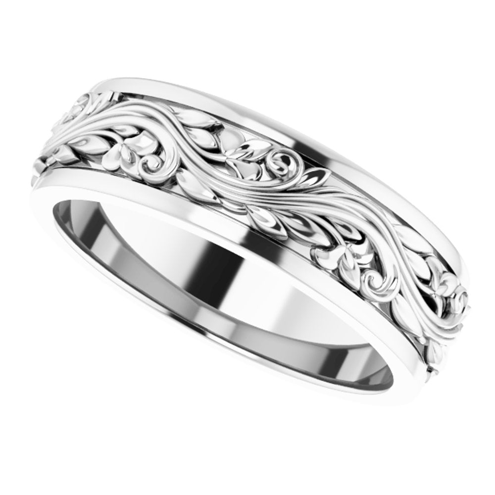 14K White Gold 7 mm Floral Inlay Flat Band Size 12
