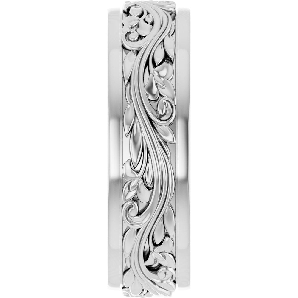 14K White Gold 7 mm Floral Inlay Flat Band Size 11