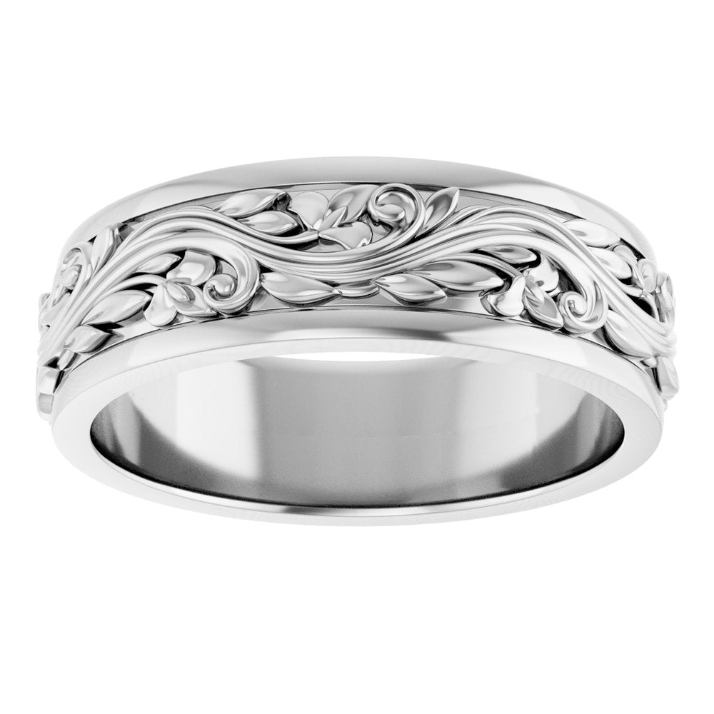 14K White Gold 7 mm Floral Inlay Flat Band Size 11