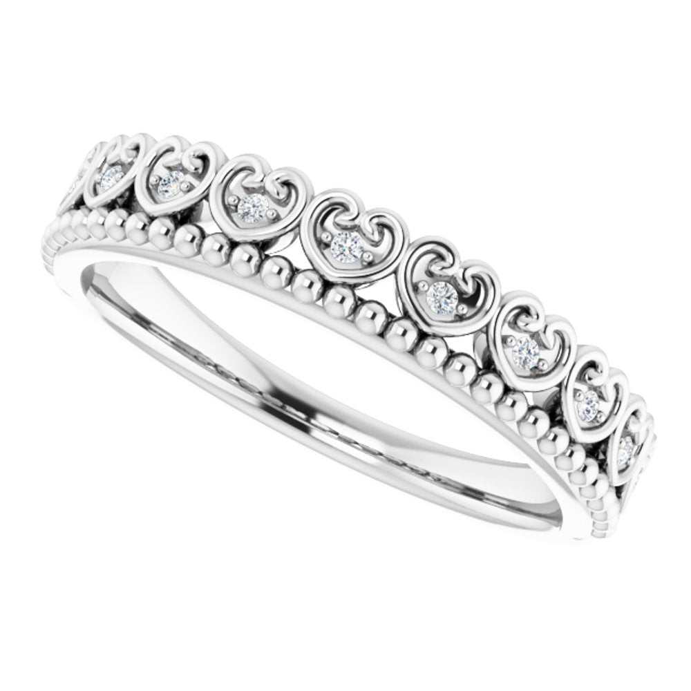 14K White Gold .04 CTW Natural Diamond Stackable Beaded Heart Ring