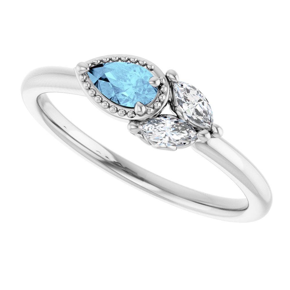 14K White Gold Natural Aquamarine & 1/8 CTW Natural Diamond Ring