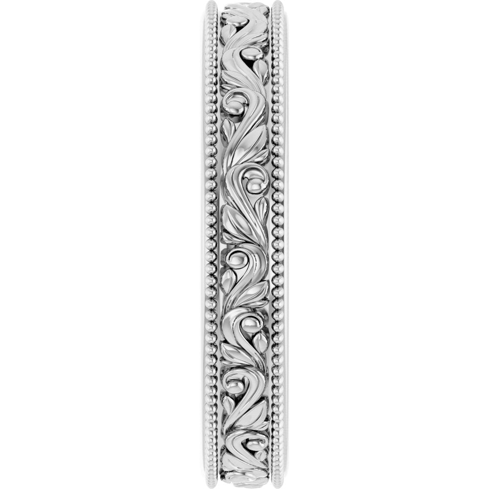 10K White Gold 3.2 mm Milgrain Edge Floral Flat Band Size 5