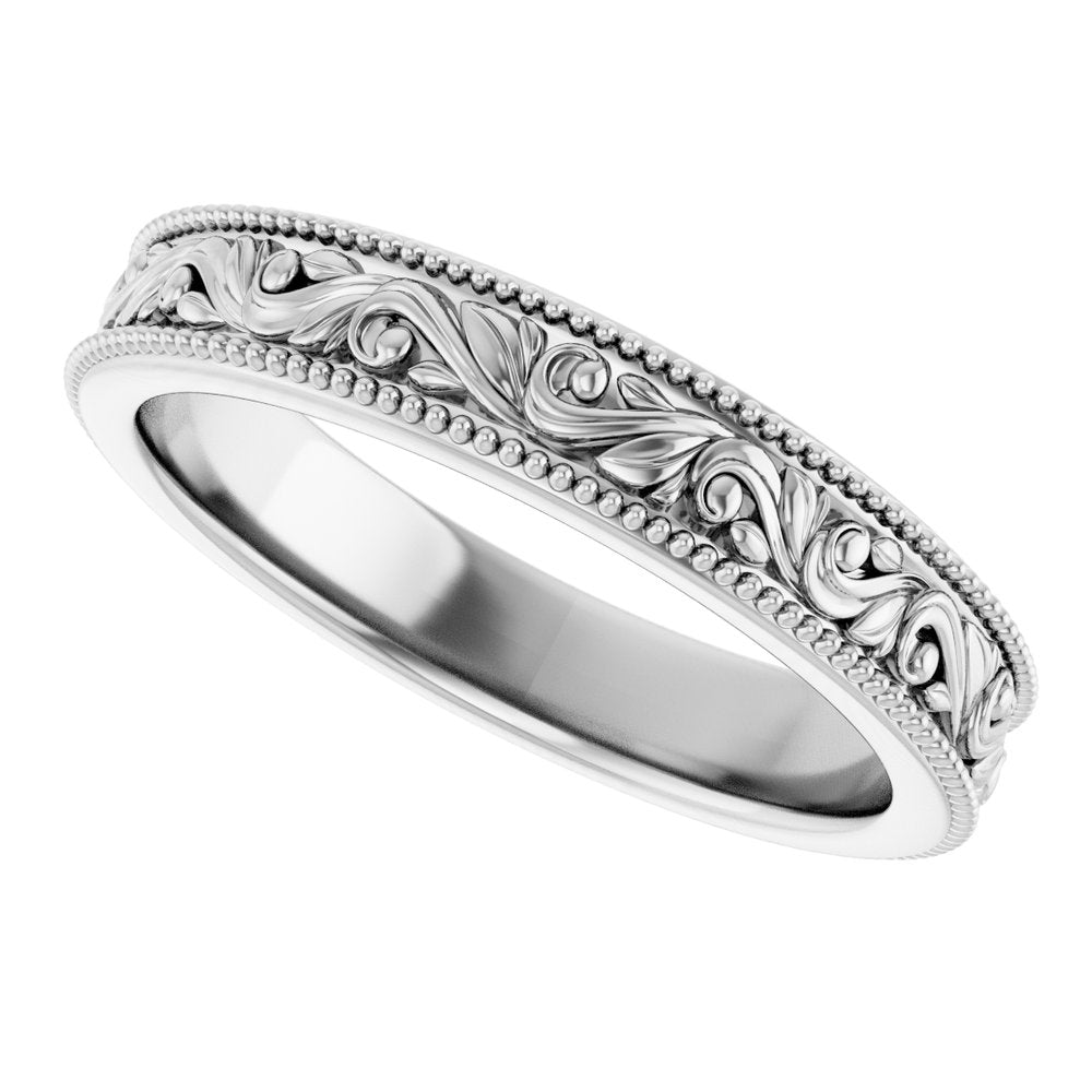 10K White Gold 3.2 mm Milgrain Edge Floral Flat Band Size 5