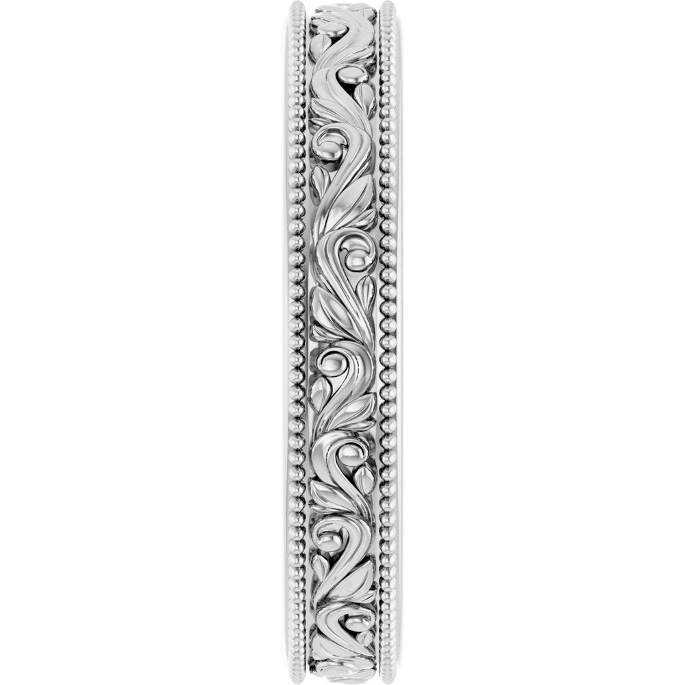 Sterling Silver 3.2 mm Milgrain Edge Floral Flat Band Size 5.5