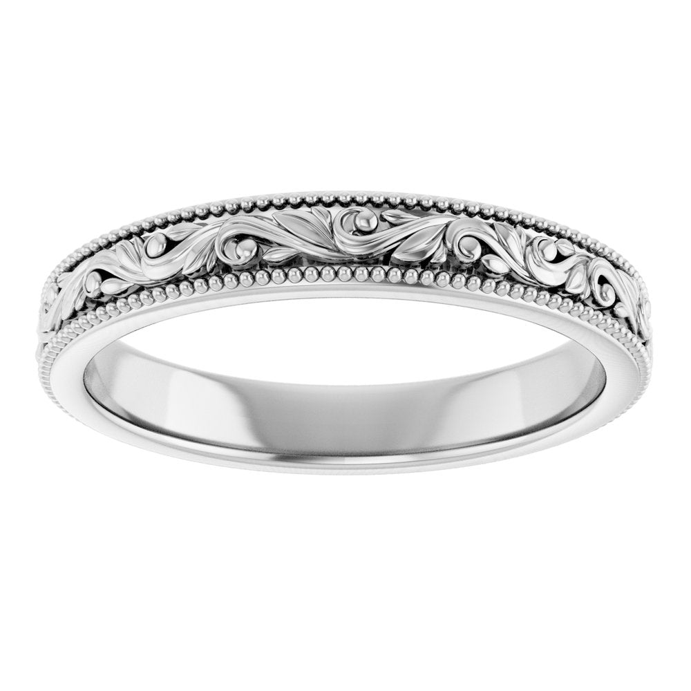 18K White 3.2 mm Milgrain Edge Floral Flat Band Size 8