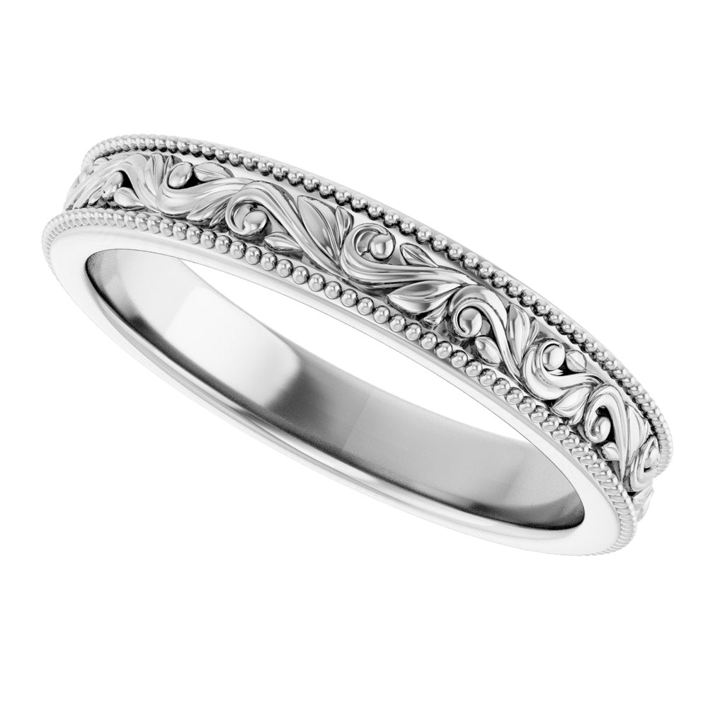 Sterling Silver 3.2 mm Milgrain Edge Floral Flat Band Size 6.5