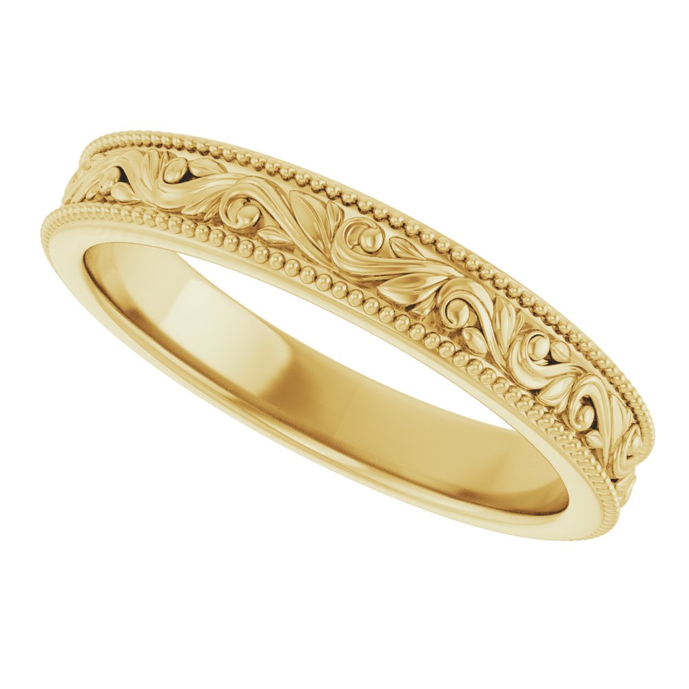 10K Yellow Gold 3.2 mm Milgrain Edge Floral Flat Band Size 6.5