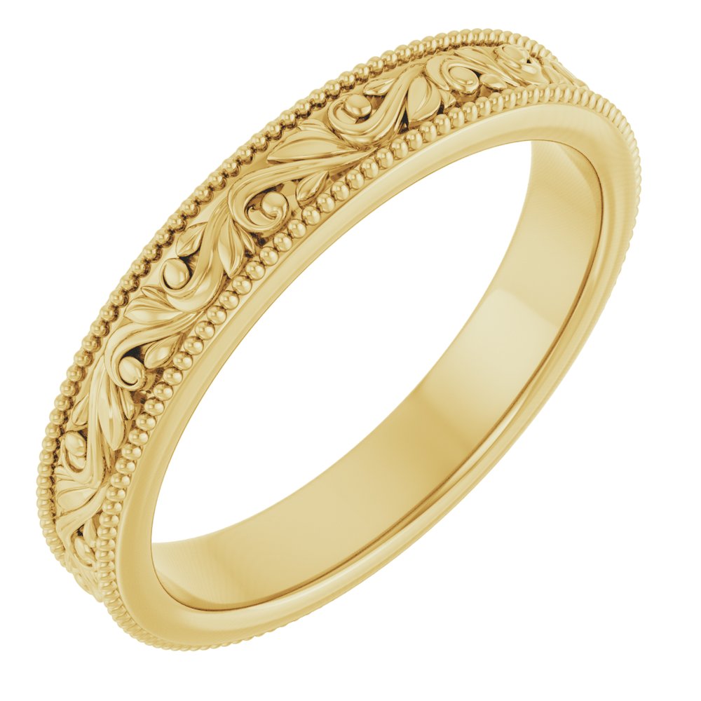 10K Yellow Gold 3.2 mm Milgrain Edge Floral Flat Band Size 6