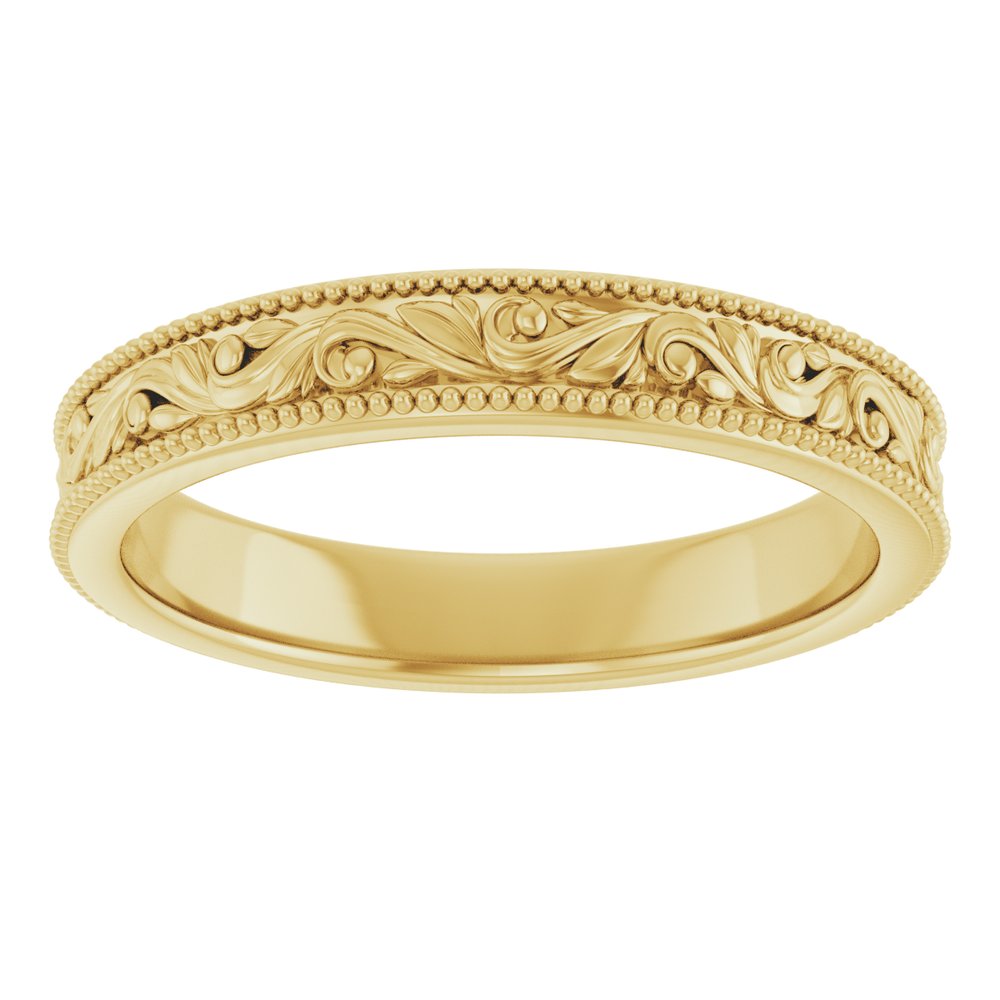 10K Yellow Gold 3.2 mm Milgrain Edge Floral Flat Band Size 6.5