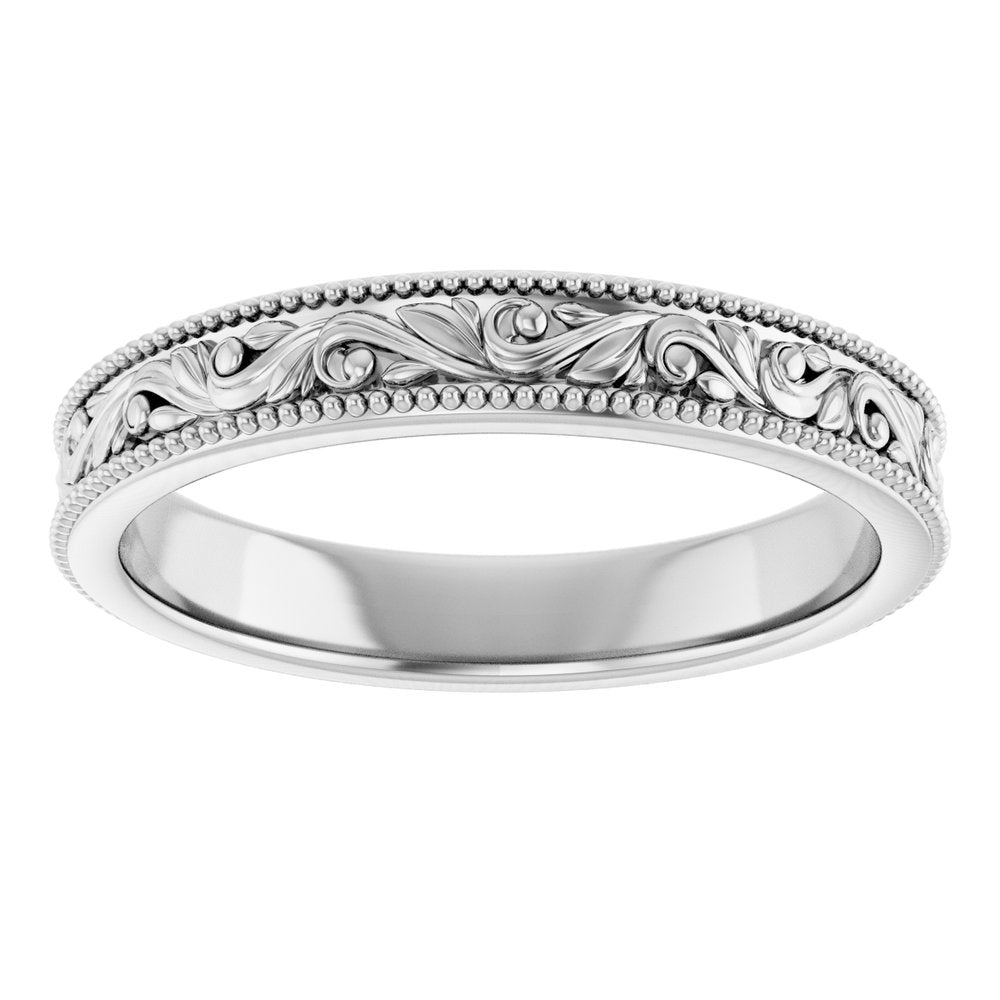 Platinum 3.2 mm Milgrain Edge Floral Flat Band Size 7