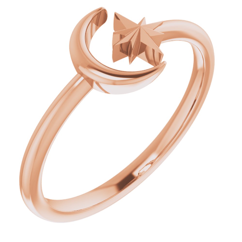 14K Rose Crescent Moon & Star Negative Space Ring