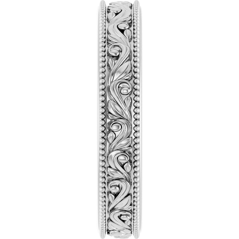 Platinum 3.2 mm Milgrain Edge Floral Flat Band