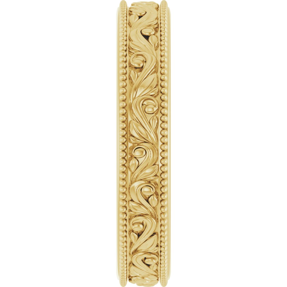 18K Yellow 3.2 mm Milgrain Edge Floral Flat Band