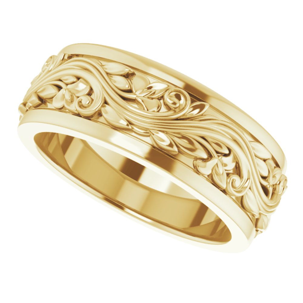 10K Yellow Gold 7 mm Floral Inlay Flat Band Size 6.5