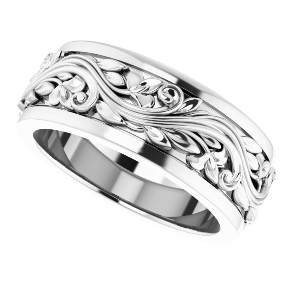 Sterling Silver 7 mm Floral Inlay Flat Band Size 5.5