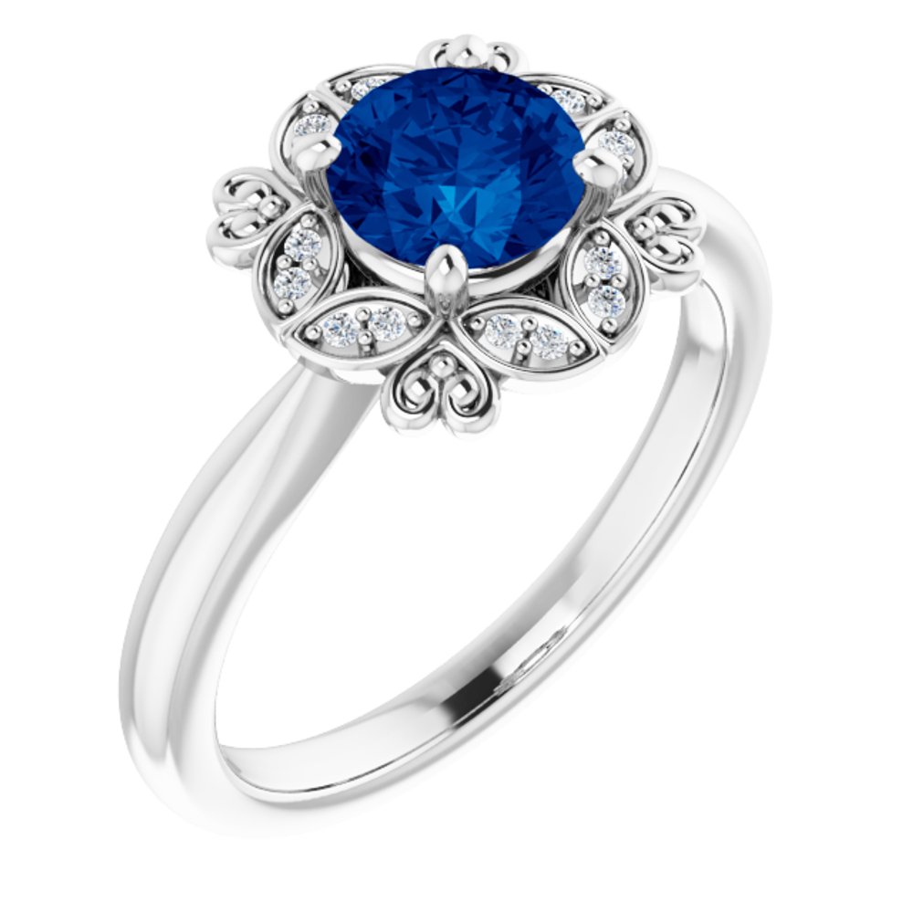 14K White Lab-Grown Blue Sapphire & .04 CTW Natural Diamond Ring