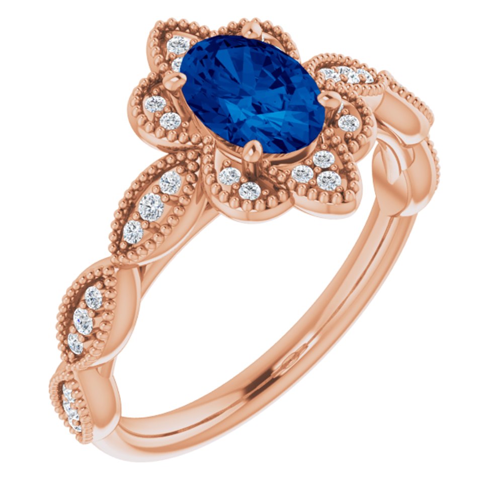 14K Rose Lab-Grown Blue Sapphire & 1/8 CTW Natural Diamond Ring