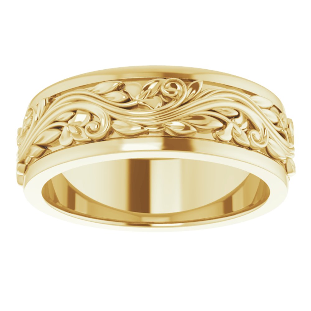 18K Yellow Gold 7 mm Floral Inlay Flat Band Size 8.5