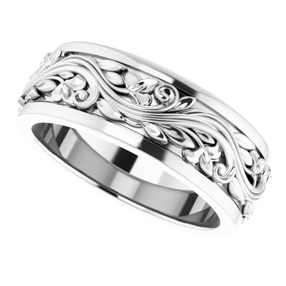 14K White 7 mm Floral Inlay Flat Band