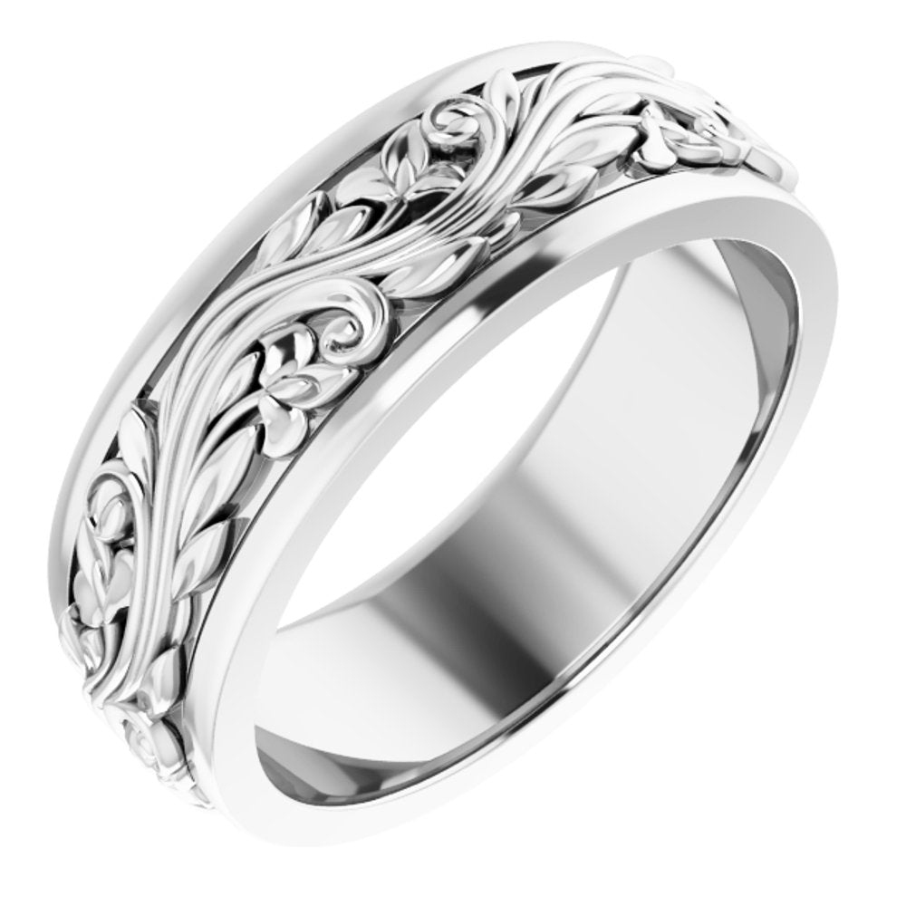 10K White Gold 7 mm Floral Inlay Flat Band Size 9.5
