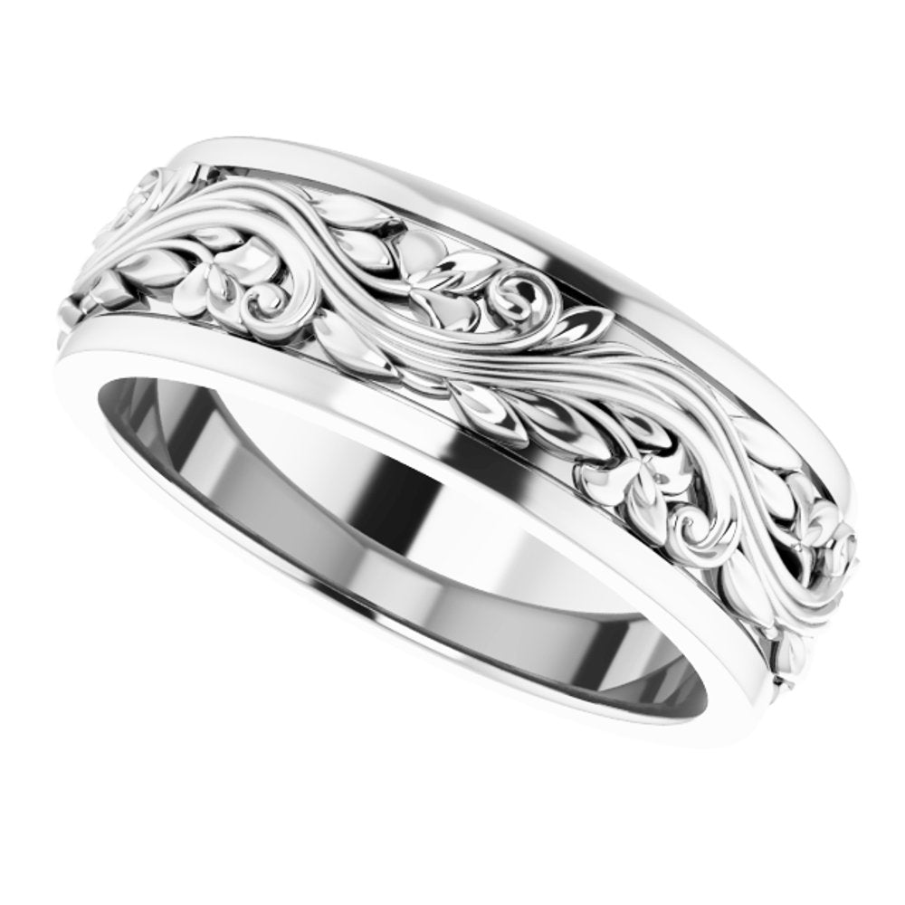 10K White Gold 7 mm Floral Inlay Flat Band Size 9.5