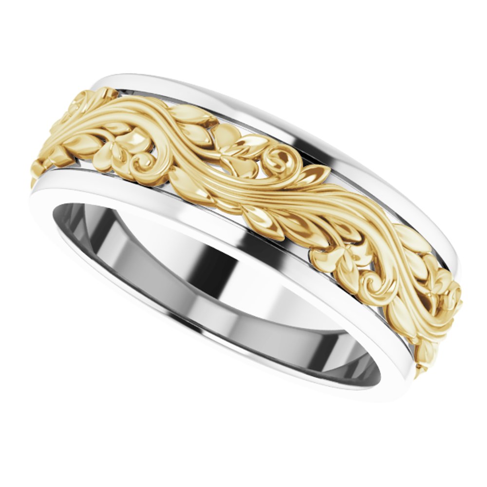 14K White/Yellow 7 mm Floral Inlay Flat Band