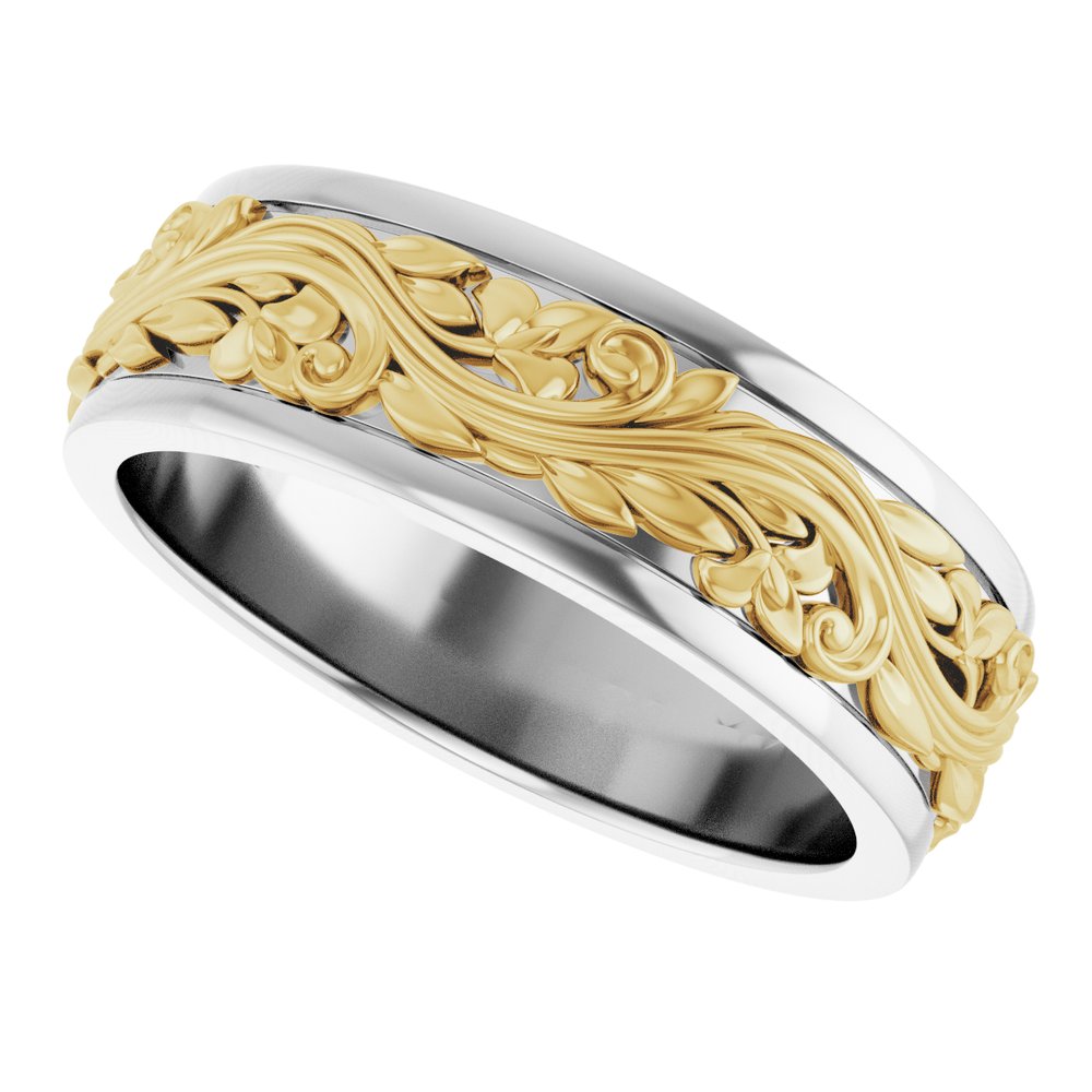 14K White/Yellow 7 mm Floral Inlay Flat Band Size 10