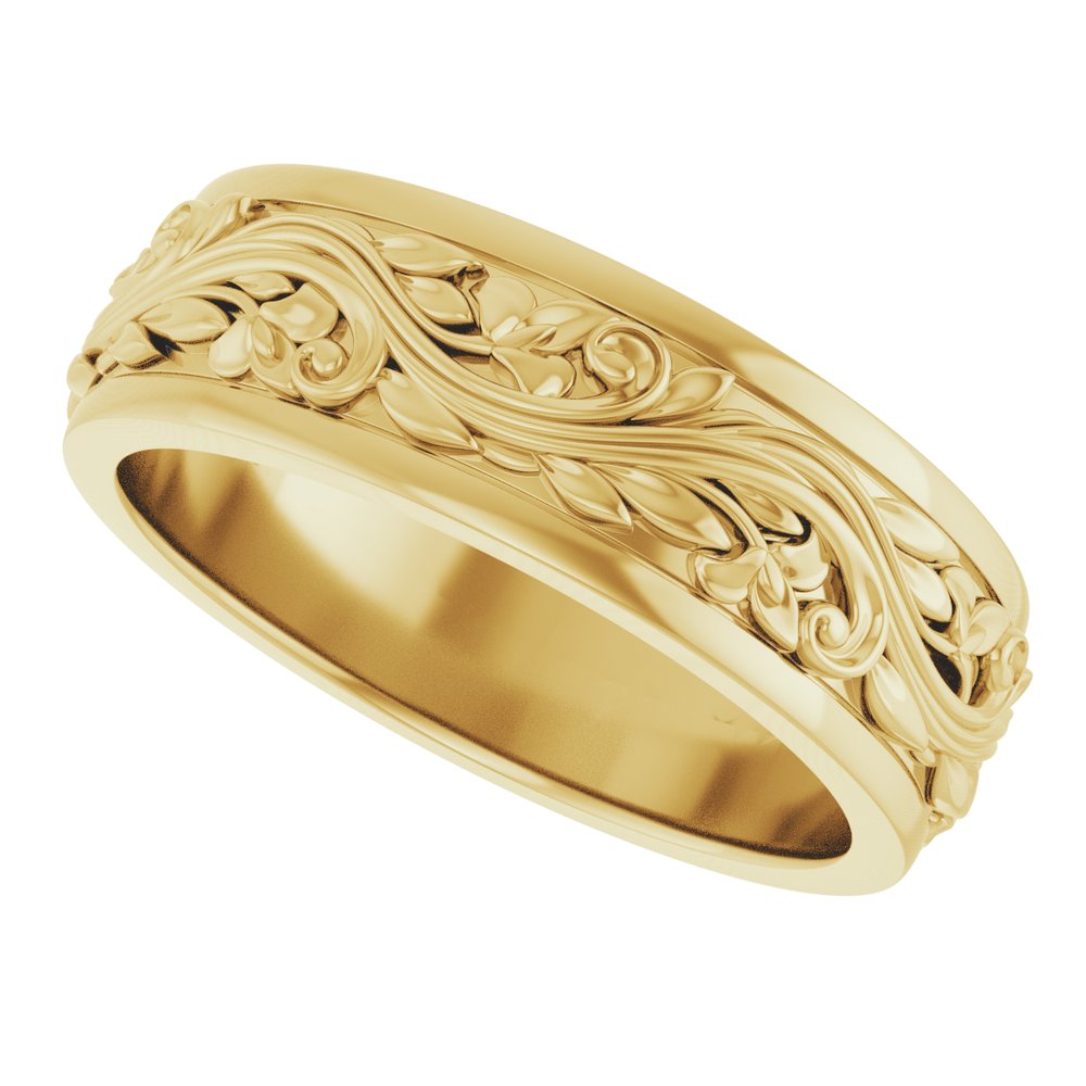 14K Yellow Gold 7 mm Floral Inlay Flat Band Size 10