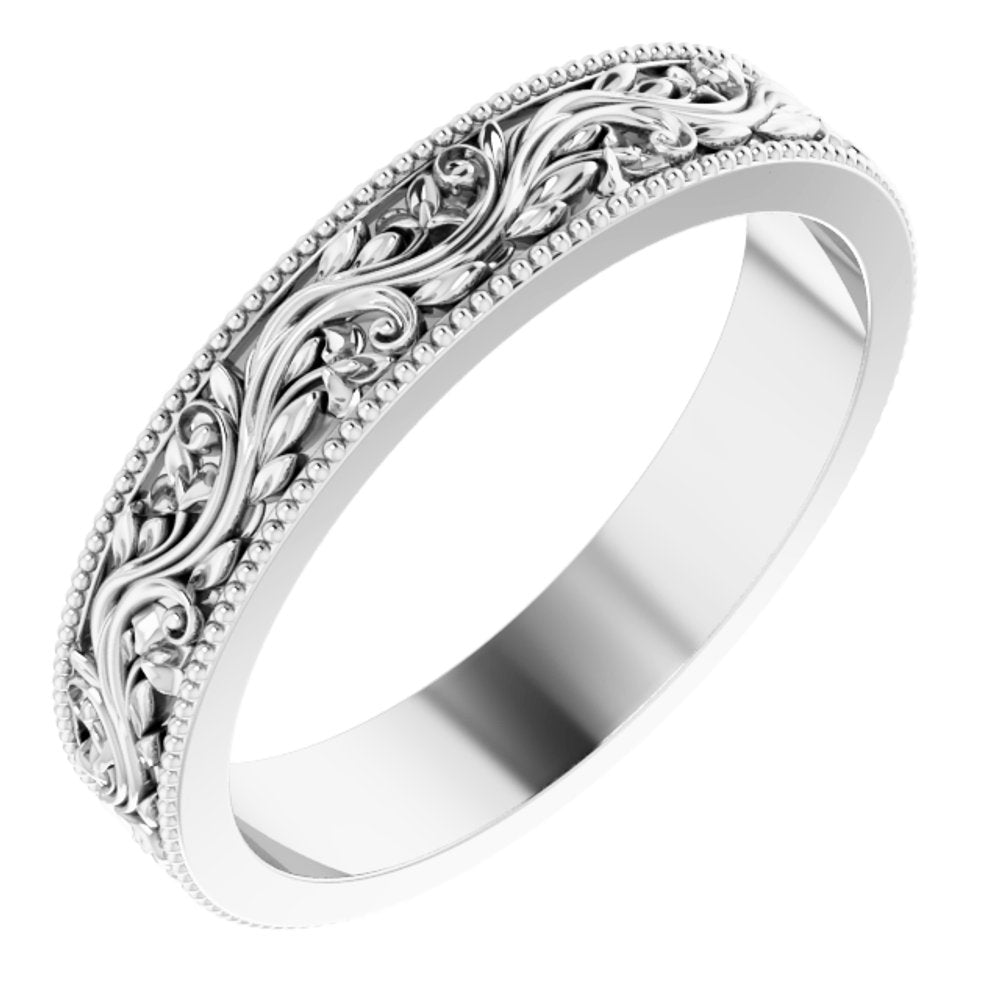 14K White 4 mm Milgrain Edge Floral Flat Band Size 7
