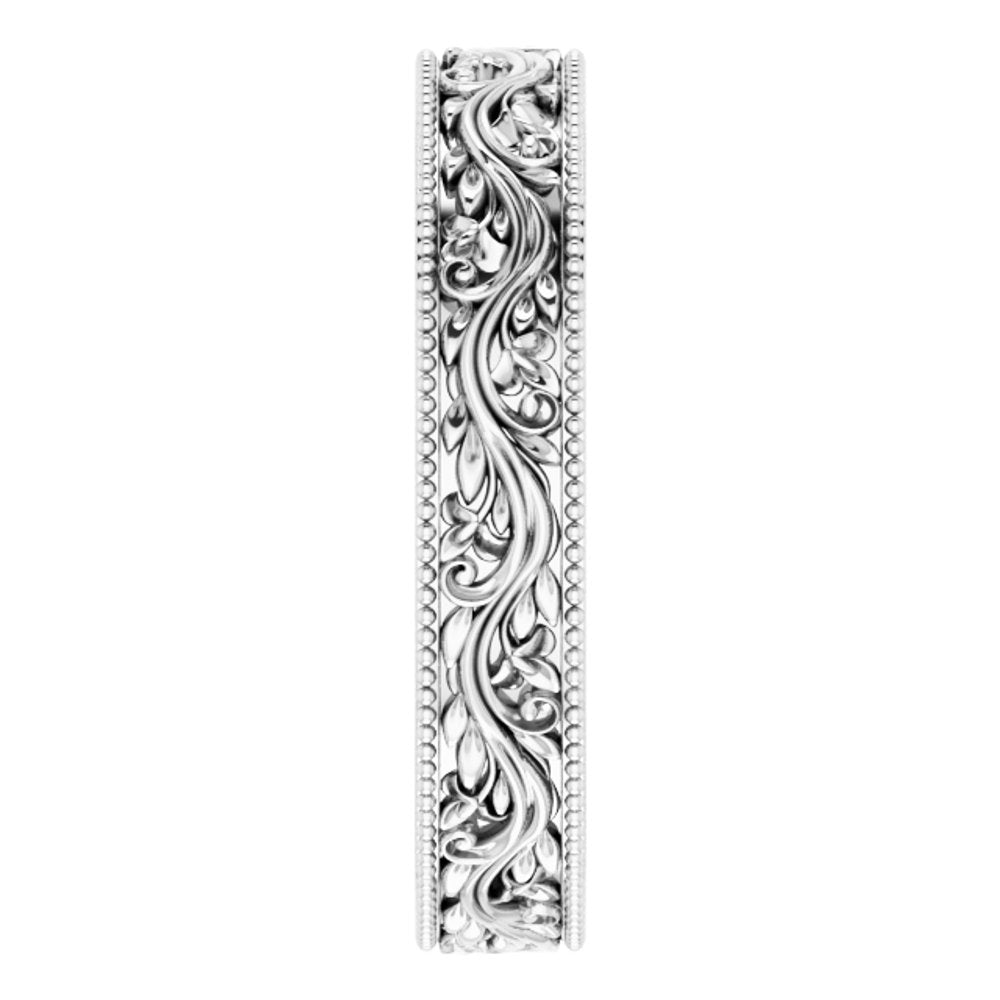 14K White 4 mm Milgrain Edge Floral Flat Band Size 7