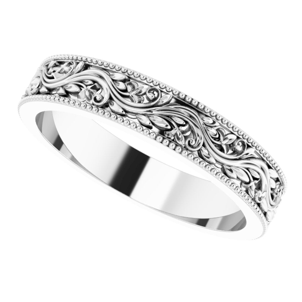 14K White 4 mm Milgrain Edge Floral Flat Band Size 7