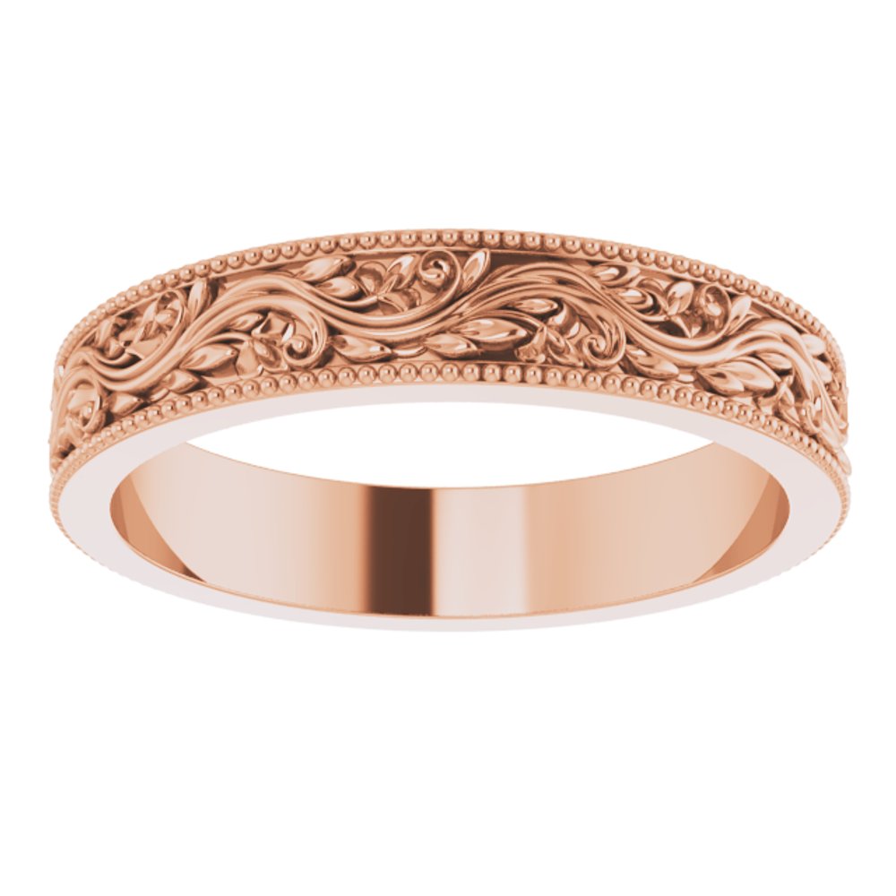 14K Rose Gold 4 mm Milgrain Edge Floral Flat Band Size 7