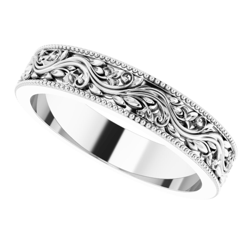 14K White Gold 4 mm Milgrain Edge Floral Flat Band Size 5.5
