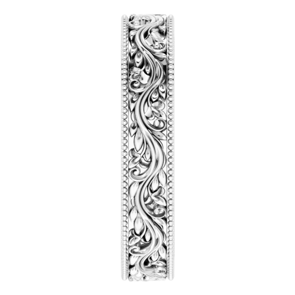 14K White Gold 4 mm Milgrain Edge Floral Flat Band Size 5.5