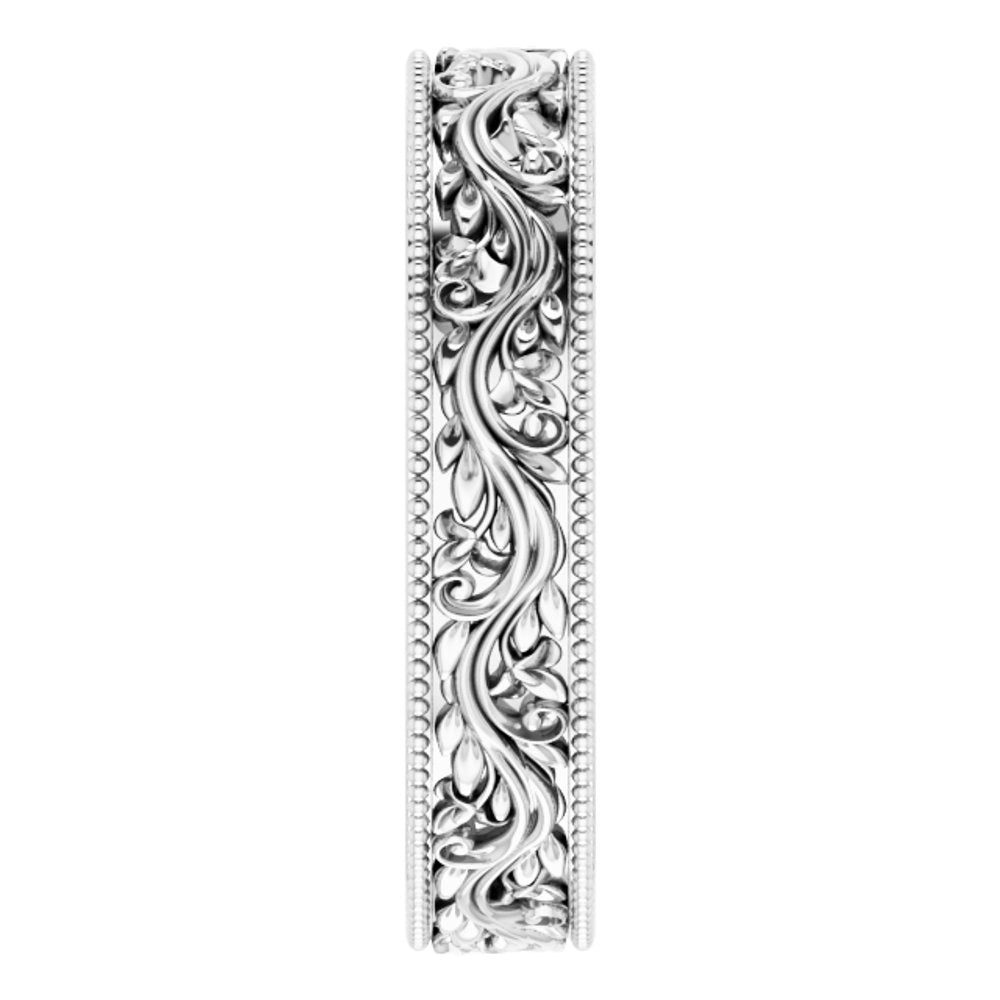 14K White Gold 4 mm Milgrain Edge Floral Flat Band Size 4.5