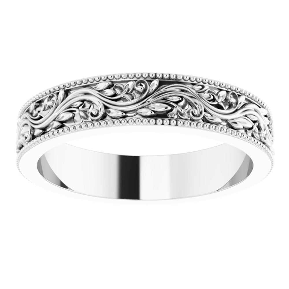 14K White Gold 4 mm Milgrain Edge Floral Flat Band Size 5.5