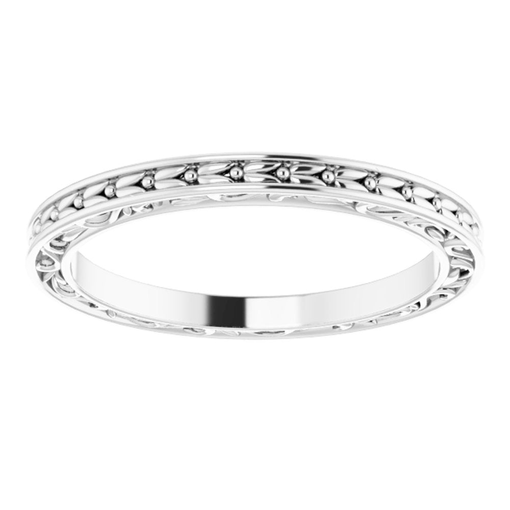 14K White Gold 2 mm Floral Flat Band Size 8