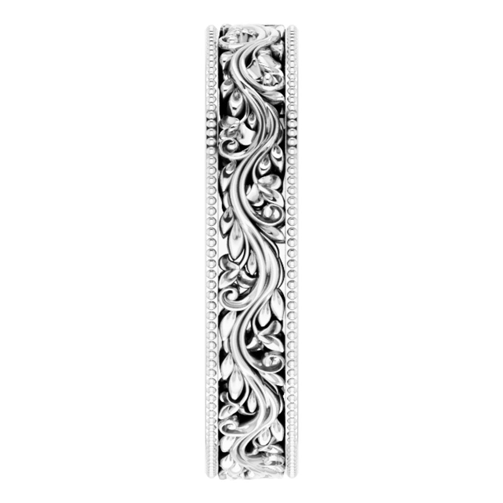 14K White Gold 4 mm Milgrain Edge Floral Flat Band Size 5