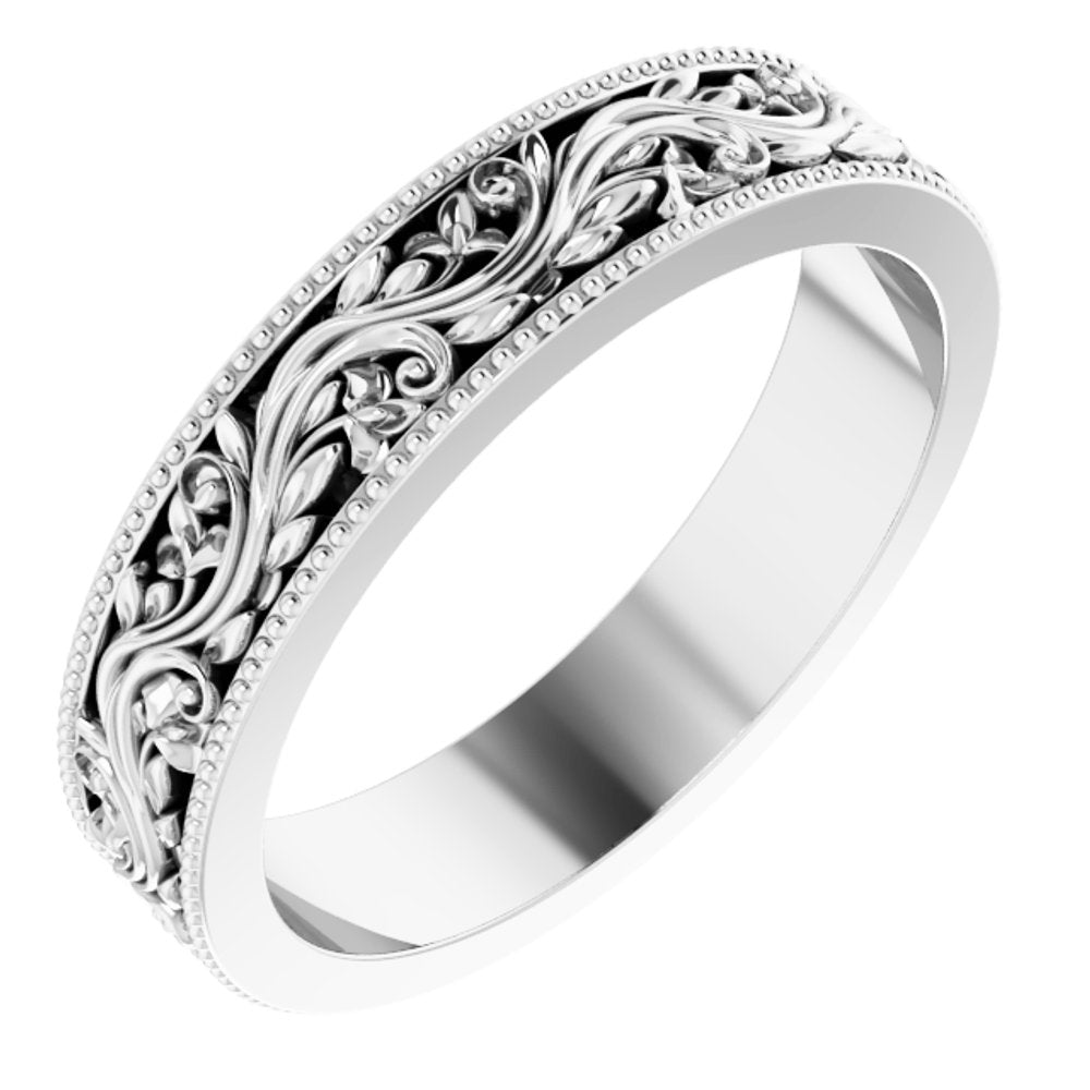 14K White Gold 4 mm Milgrain Edge Floral Flat Band Size 5