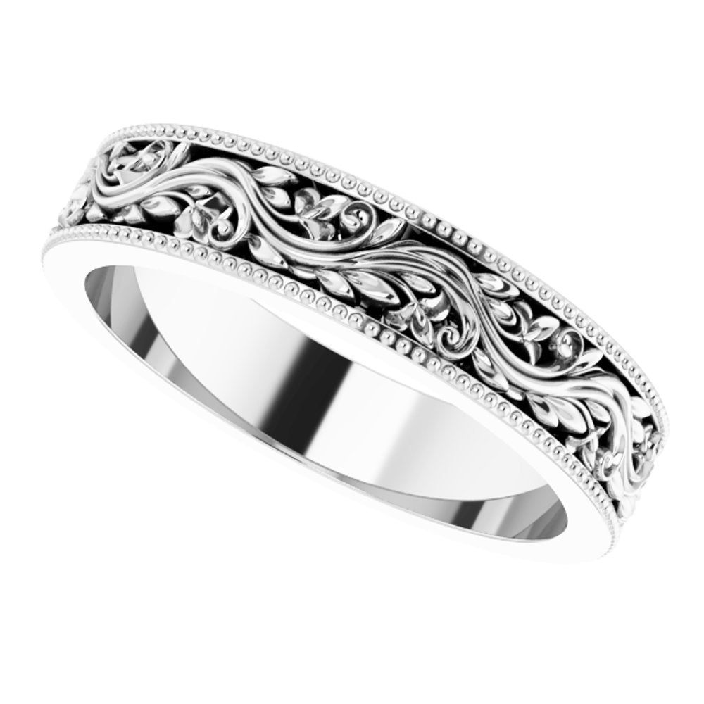 14K White 4 mm Milgrain Edge Floral Flat Band Size 5