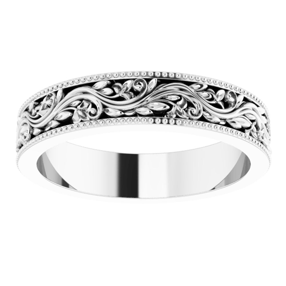 14K White Gold 4 mm Milgrain Edge Floral Flat Band Size 5