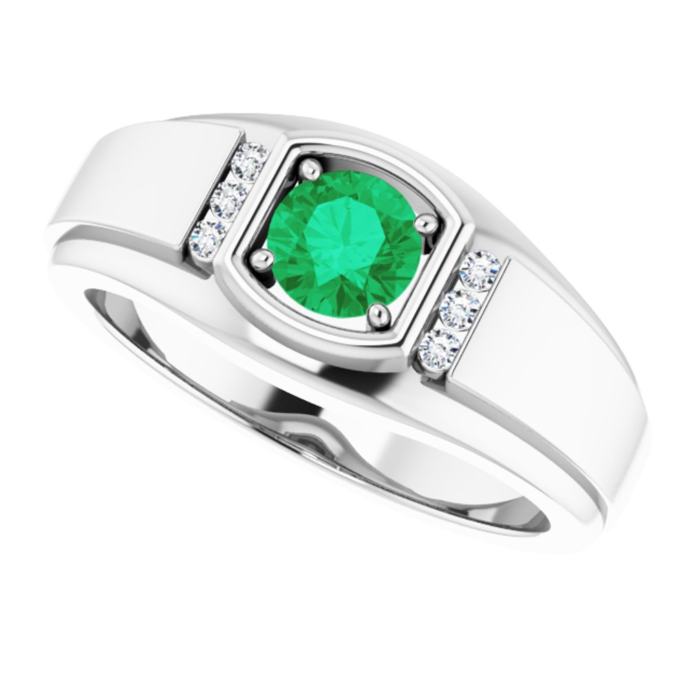14K White Natural Emerald & .08 CTW Natural Diamond Ring